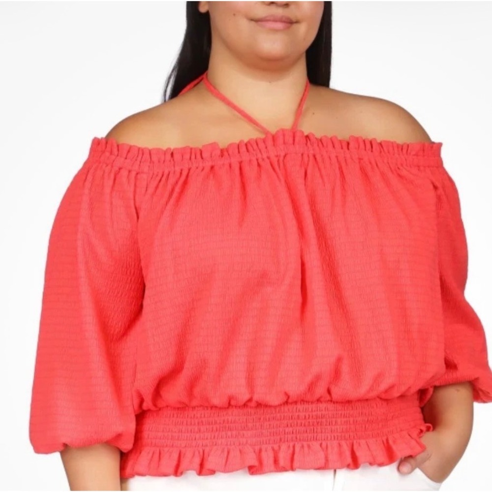 MICHAEL Michael Kors off-the-shoulder smocked blouson peasant top coral red 3X